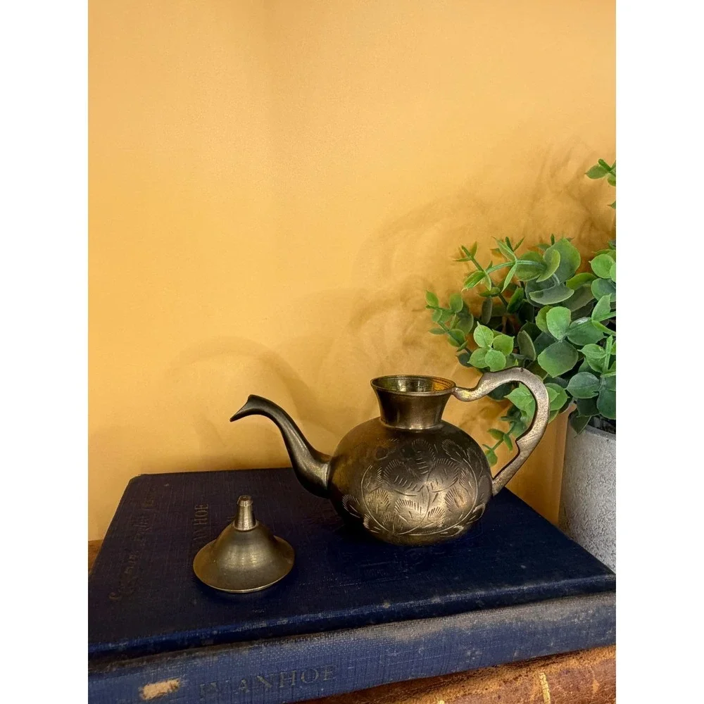 Vintage Etched Brass Mini Teapot Decorative Hand Crafted Floral Design with Lid